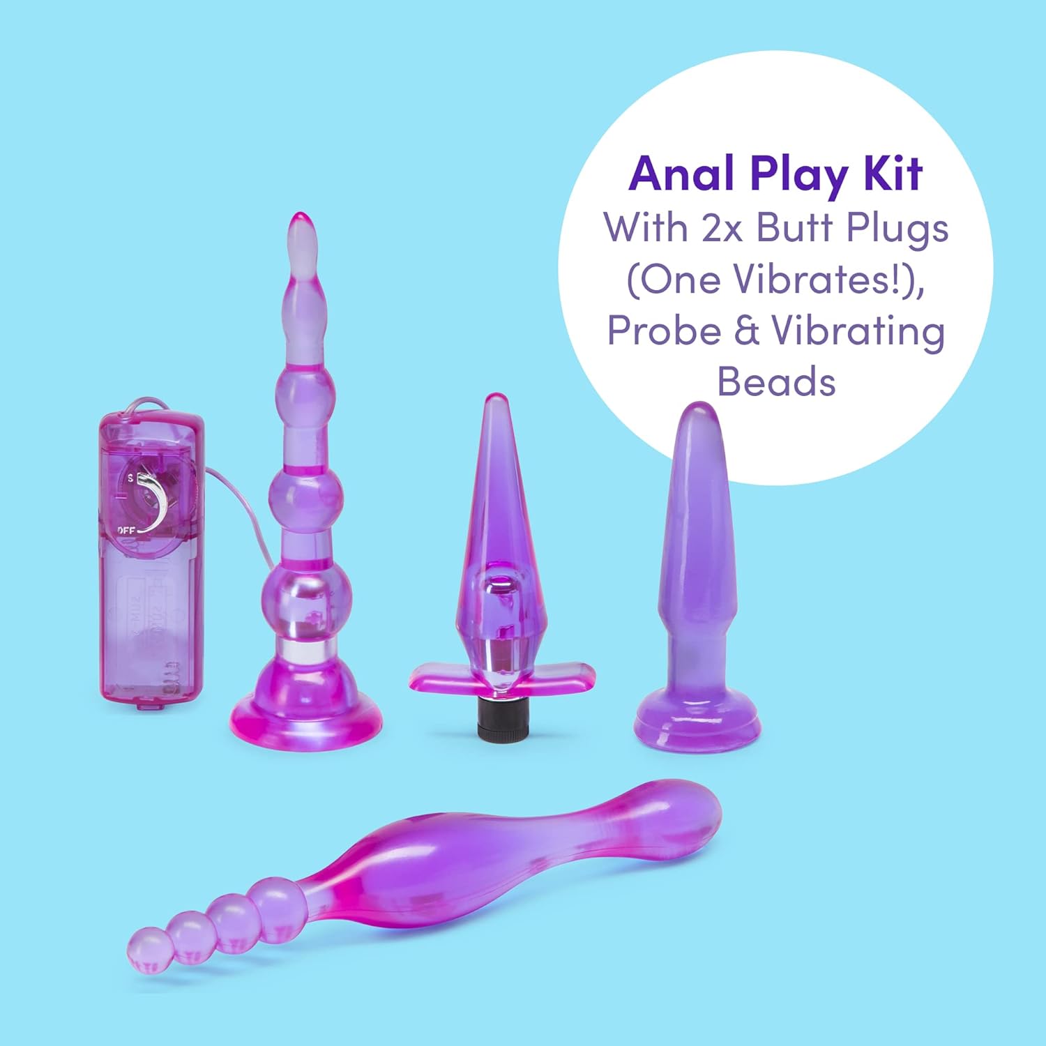 Get Started 4 Piece Anal Toys Kit - with 2 Butt Plugs & Vibrating Anal Beads - Beginner-Friendly Adult Sex Toys - Purple
