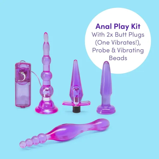 Get Started 4 Piece Anal Toys Kit - with 2 Butt Plugs & Vibrating Anal Beads - Beginner-Friendly Adult Sex Toys - Purple