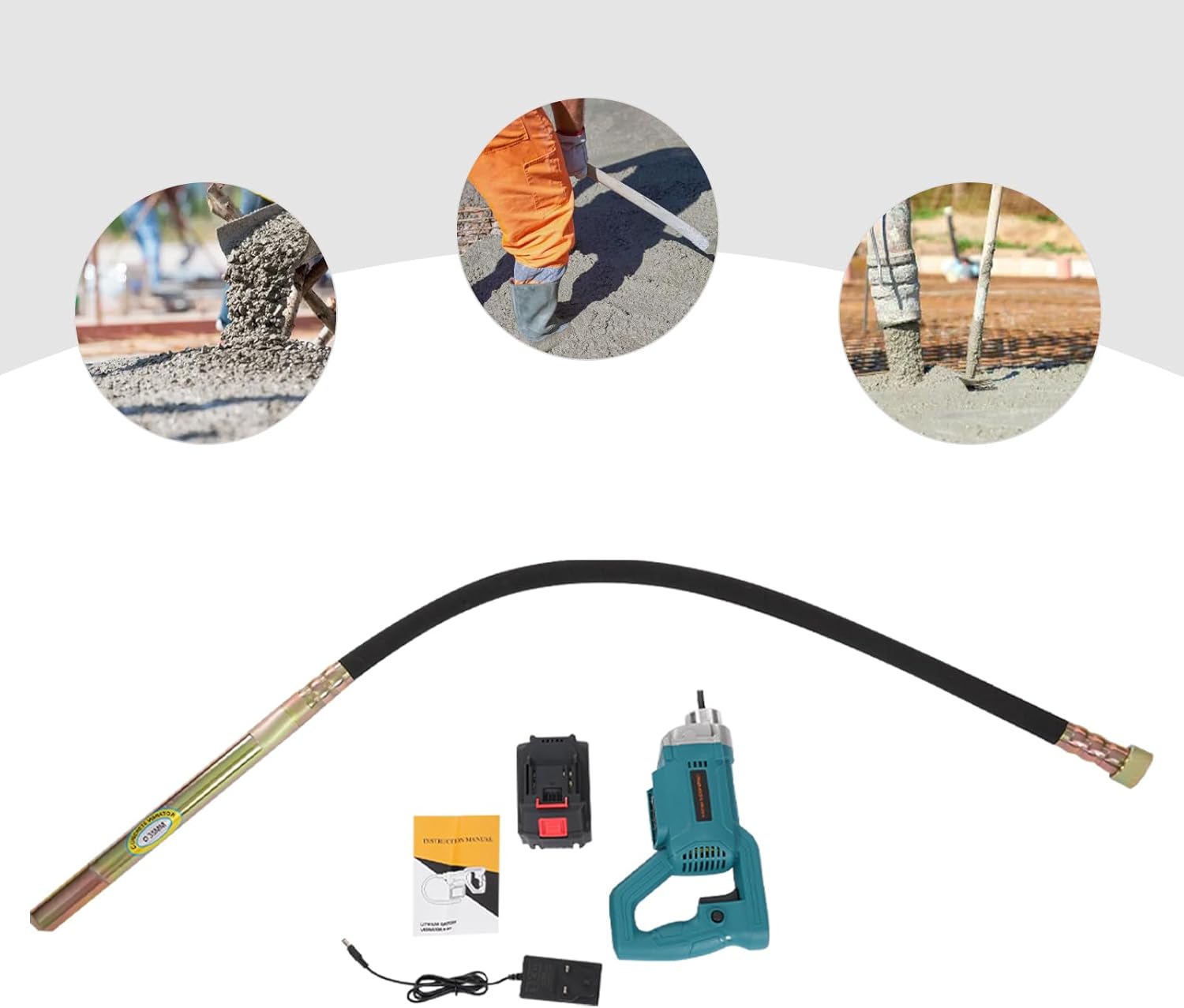 21V Brushless Cordless Concrete Vibrator Handheld Electric Cement Vibrating Poker with Charger and Battery, Concrete Poker with 1.5m Hose