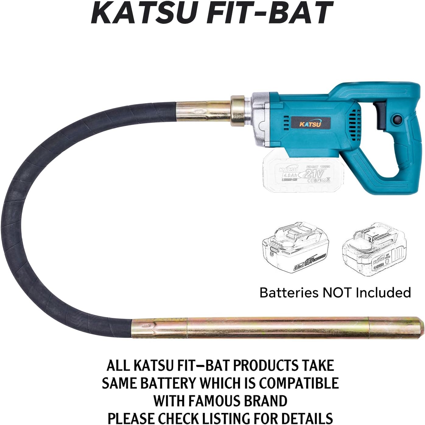 KATSU FIT-BAT 21V Brushless Cordless Concrete Vibrator Handheld Electric Cement Vibrating Poker with 1.2m Hose and 35mm Diameter Flexible Shaft, No Battery and Charger
