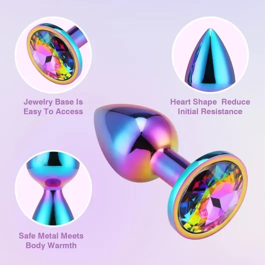 Butt Plug Anal Beads Sex Toys for Beginner, Stainless Steel Anal Plug with 3 Different Sizes, Anal Stimulation Trainer Toy, Colorful Metal Heart Shaped Anal Dildo for Adult (S)